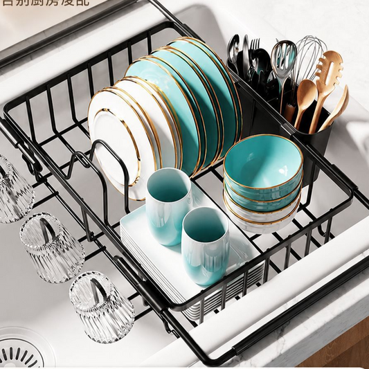 Retractable Sink Dish Drain Rack with Cup Holder