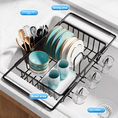 Retractable Sink Dish Drain Rack with Cup Holder