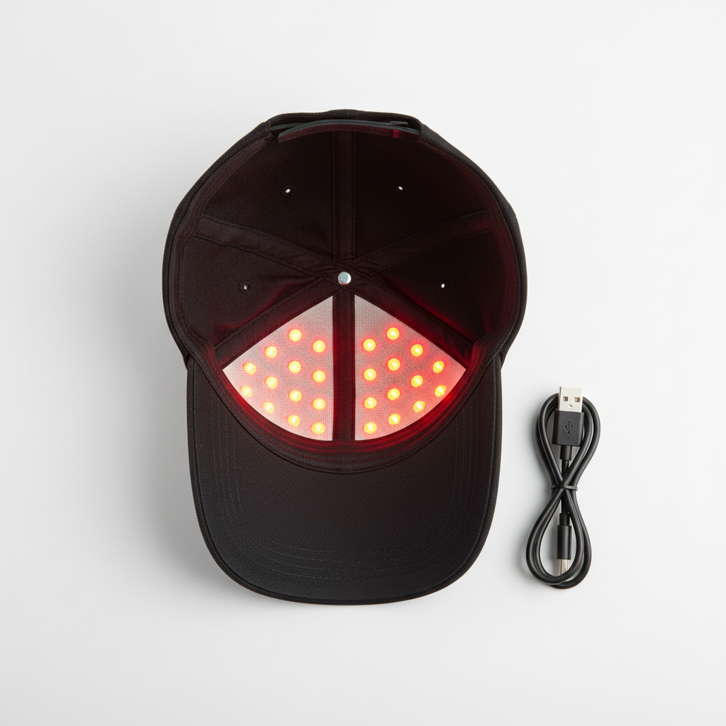Black LED red light therapy ball cap flat lay with USB cable