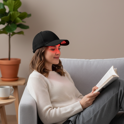 Person wearing black LED red light therapy ball cap at home